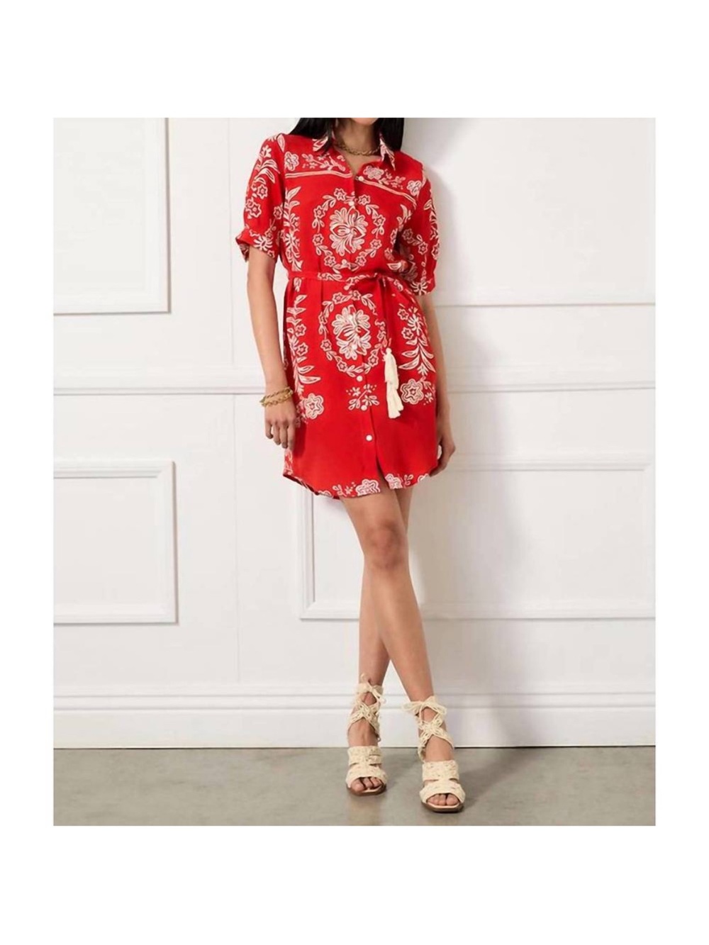 Fifteen Twenty Red Floral Bandana Tie-Waist Mini Dress • Sz L